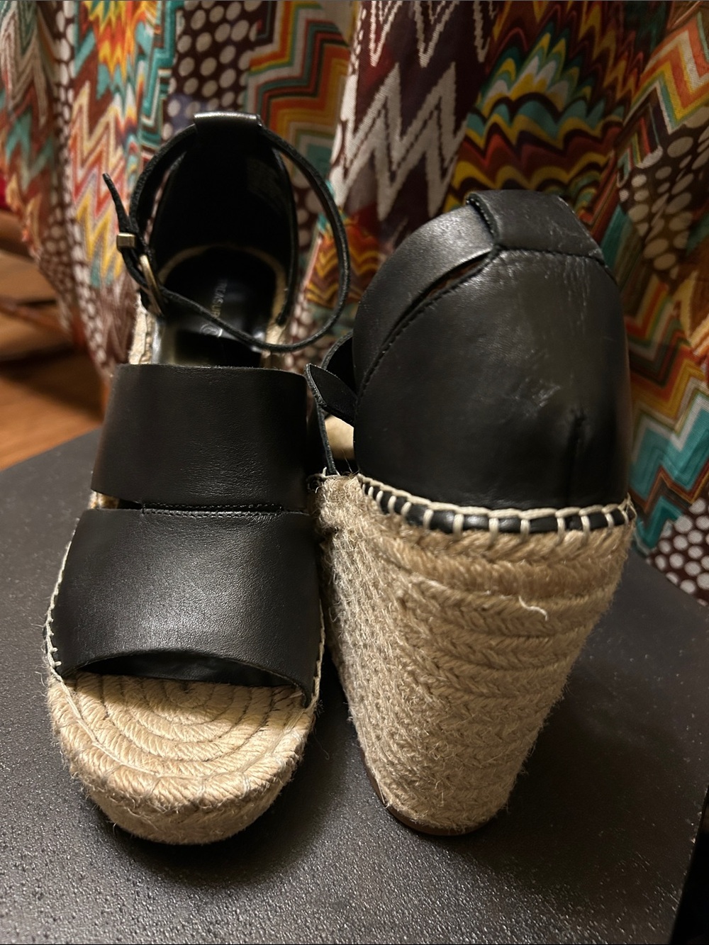Treasure & Bond Black Leather Espadrille Wedge Sandals